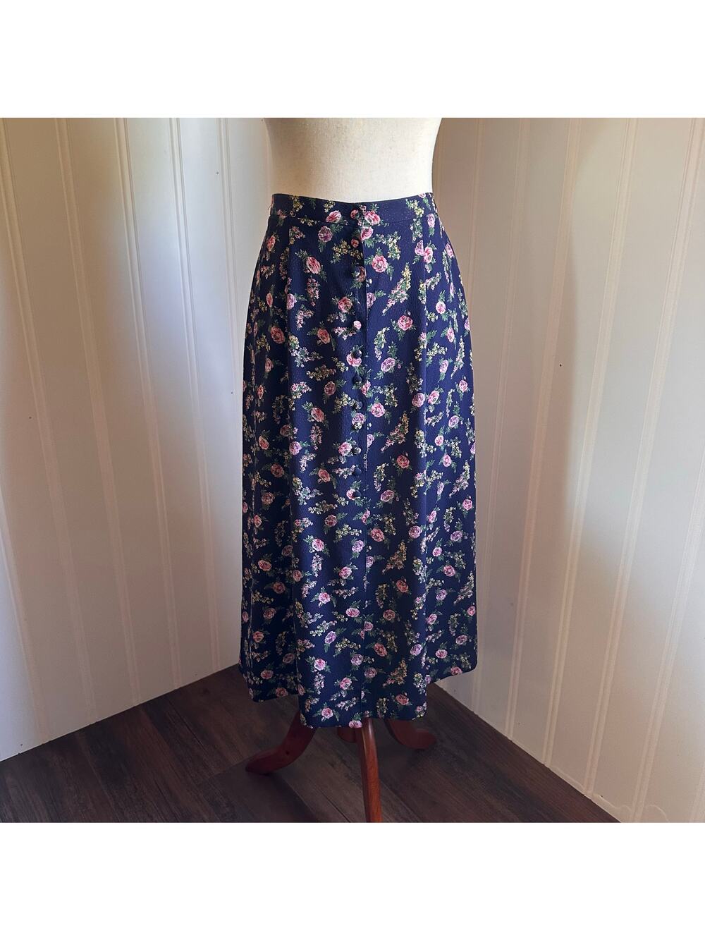 Vintage 90s/Y2K Cottagecore Blue Floral Midi Skirt 6